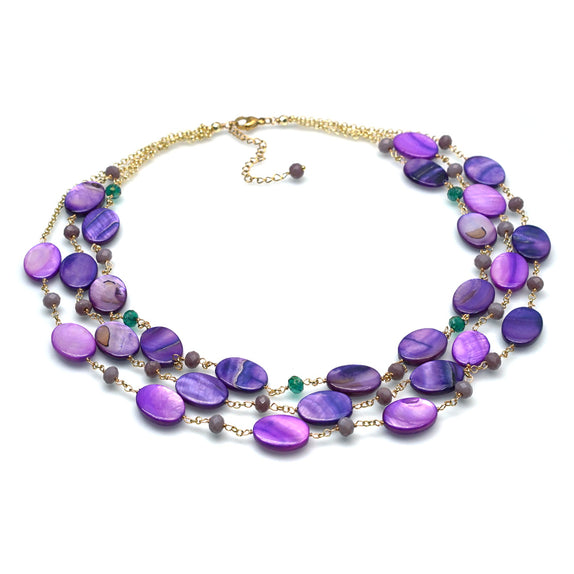 PHLN269-PU : Purple oval bead necklace with green accents