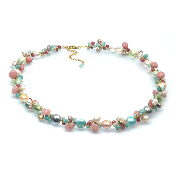 PHLN270-PB : Pink & green chip stone short necklace