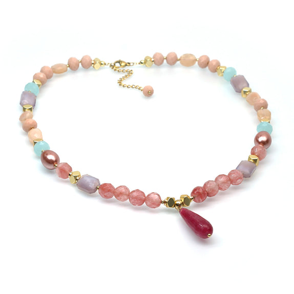 PHLN272-PB : Pink beaded necklace with red teardrop pendant
