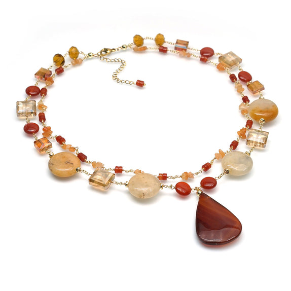 PHLN274-GL : Amber beaded necklace with teardrop pendant