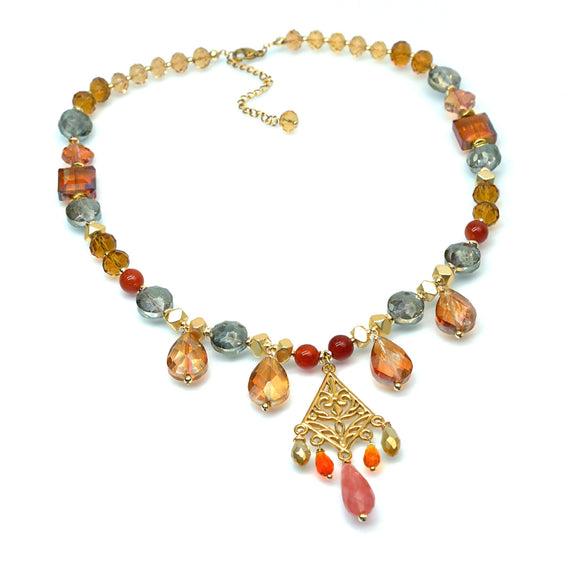 PHLN275-GL : Multi-coloured beaded necklace with teardrop drops