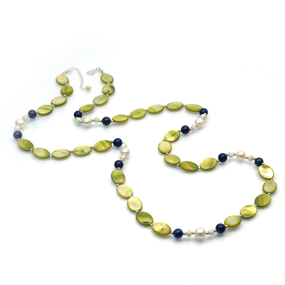 PHLN46c-GR :  Lime navy and white shell pearl long necklace