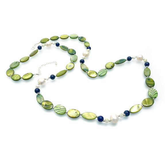 PHLN46d-GR :   Lime navy and white shell pearl long necklace