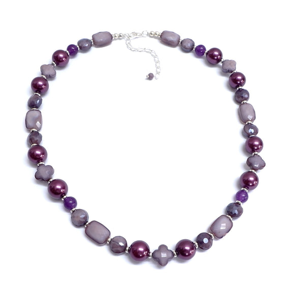 PHLN47a-PU :  Purple short necklace crystal agateglass pearls  silver-plated brass fittings