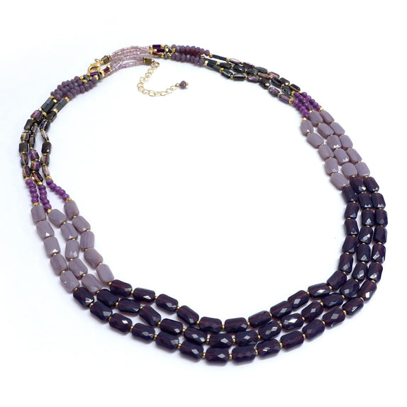 PHLN50-PU :  3 Layer Lavender purple iridescent faceted  beads g.p. brass mid-length necklace