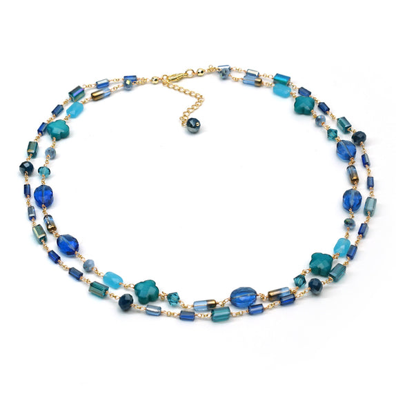 PHLN51b-DB : Double row blue and teal gemstone and crystal gold tone SS necklace