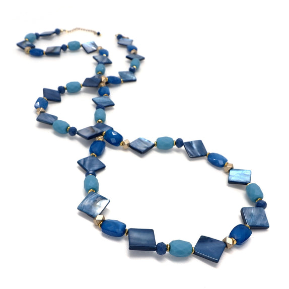 PHLN56-DB :  Navy mop shell squaresteal and blue beadsgold plated brass beads long necklace