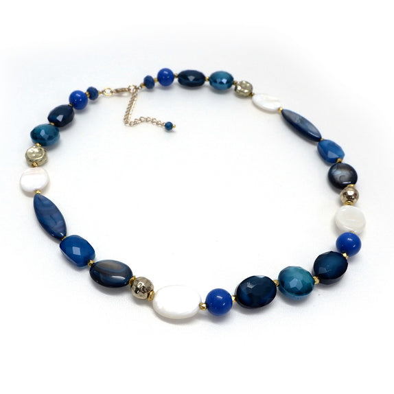 PHLN60a-DB :  Navy and white mop shell beads teal faceted  crystalsbrass beads short necklace