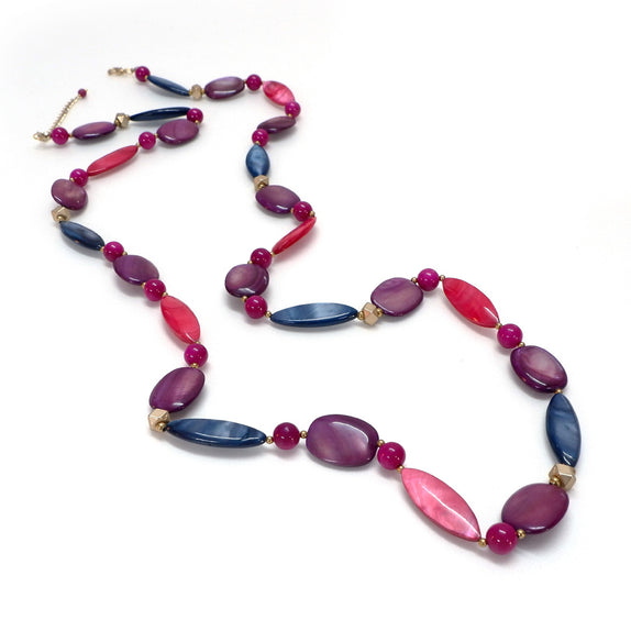 PHLN71-DP : Fuchsia purple navy MOP shell fuchsia beads goldplated brass long necklace