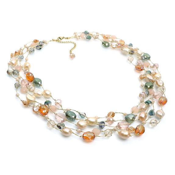 PHLN82-CR :  Pink Fw pearl Orange and grey multilayer silk   beaded necklace