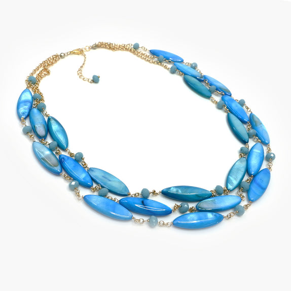 PHLN90-BL :  Blue long oval shell multilayer 3 row necklace