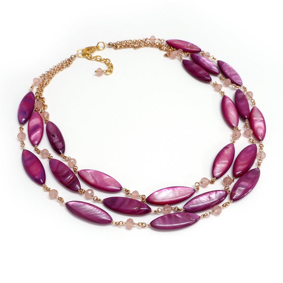 PHLN90-DP : Fuchsia Pink Multilayer shell 3 row necklace