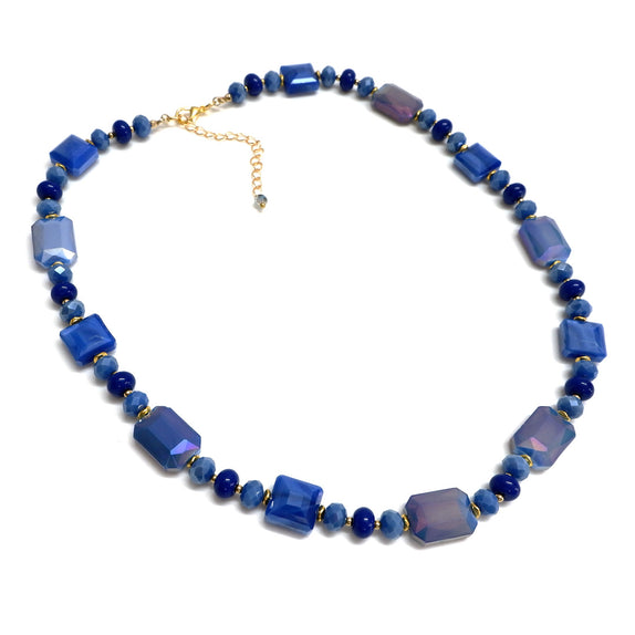 PHLN92-DB :  Blue oblong faceted bead necklace