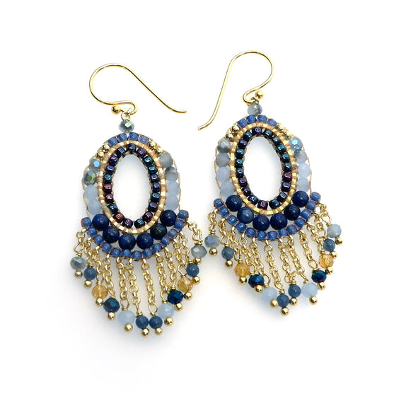 PLFE30-DB :  Blue tones beaded oval tassel earrings