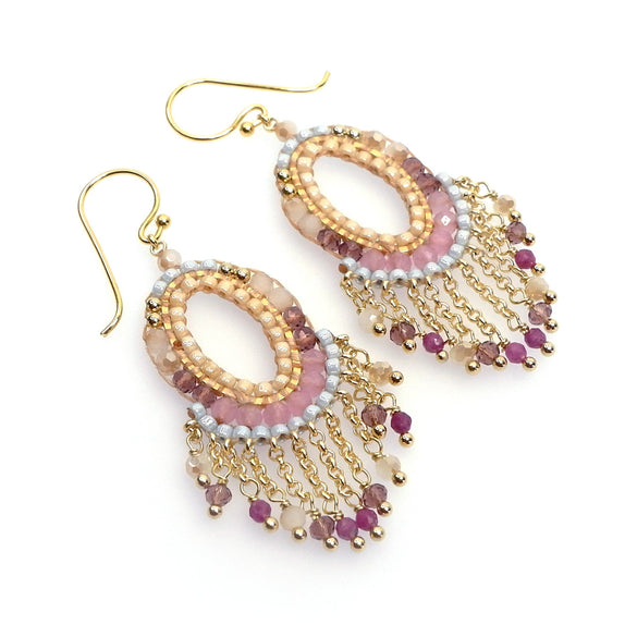 PLFE30-PI :  Pink tones beaded oval tassel earrings