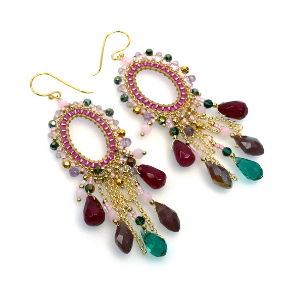 PLFE33-DP :  Pink red green tones beaded oval crystal tassel earrings