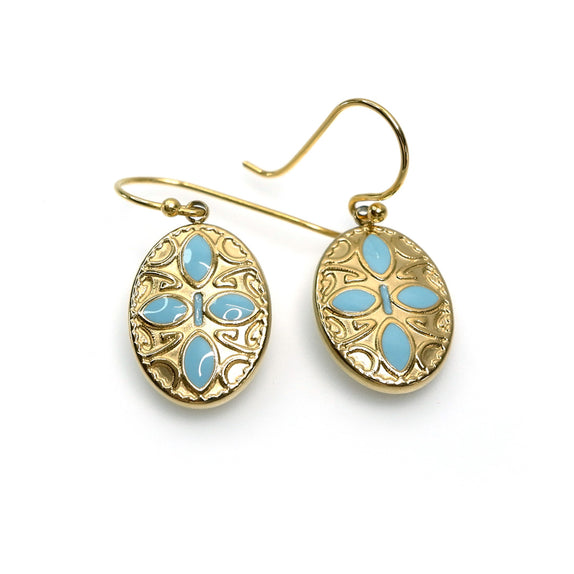 PMHE10 :   Gold S Steel oval and turq enamel inlay earrings