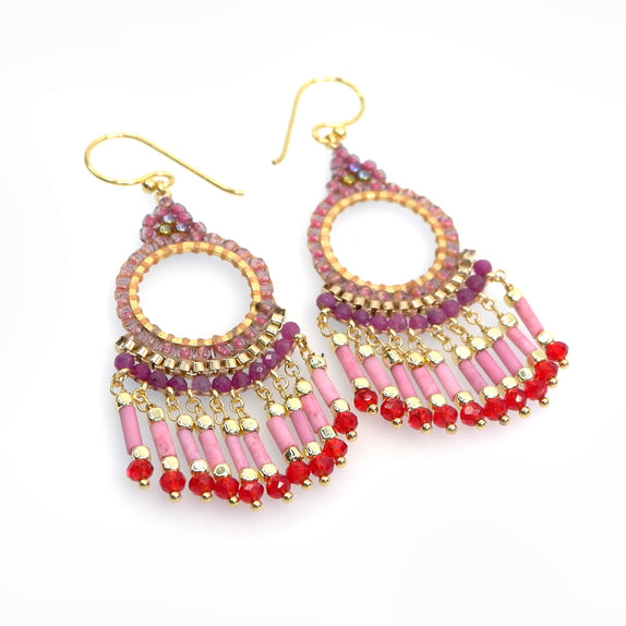 PLFE32-DP : Pinks bead tassel earrings