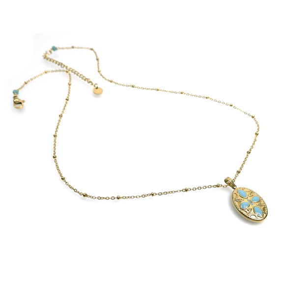 PMHN10 :   Gold S Steel oval and turq enamel inlay pendant