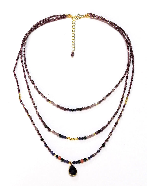 PHLN15 : Cat's eye ,Crystals, Amethyst Pendant on 3 Layer necklace