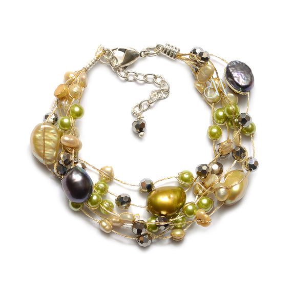 SK10-GR : Crystals & Dyed Fresh Water Pearls on Multi Strand Silk (MTO)