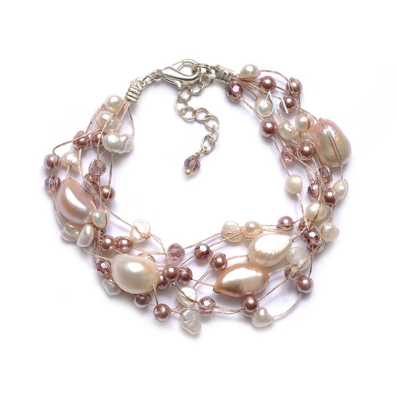 SK10-PI : Crystals & Dyed Fresh Water Pearls on Multi Strand Silk (MTO)