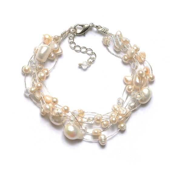 SK10-WH : Crystals & Dyed Fresh Water Pearls on Multi Strand Silk (MTO)