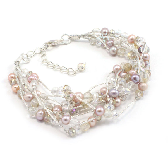 SK13-CR : Crystals & Dyed Fresh Water Pearls on Multi Strand Silk (MTO)