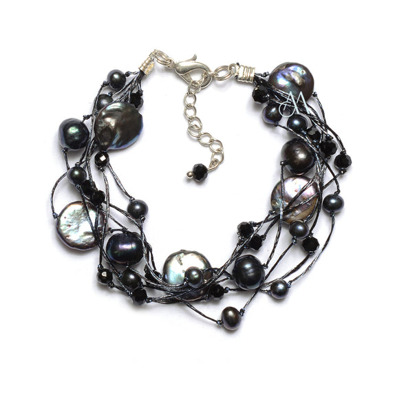 SK15-BK : Agate & Dyed Fresh Water Pearls on Multi Strand Silk (MTO)