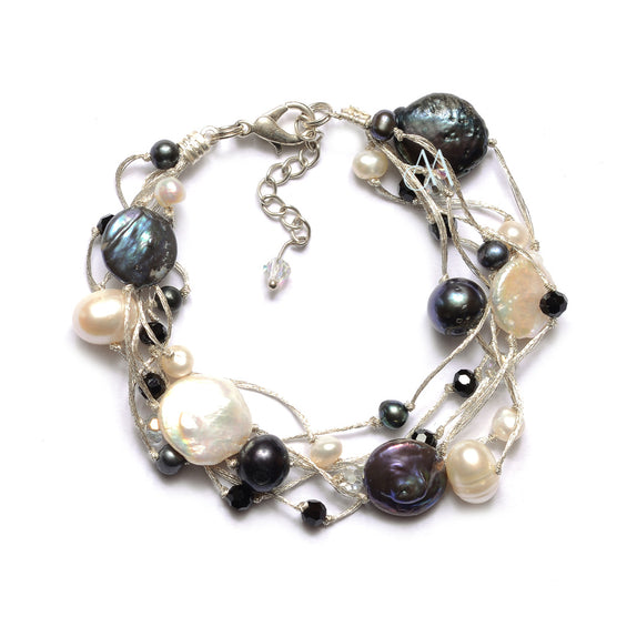SK15-BW : Crystals & Dyed Fresh Water Pearls on Multi Strand Silk (MTO)