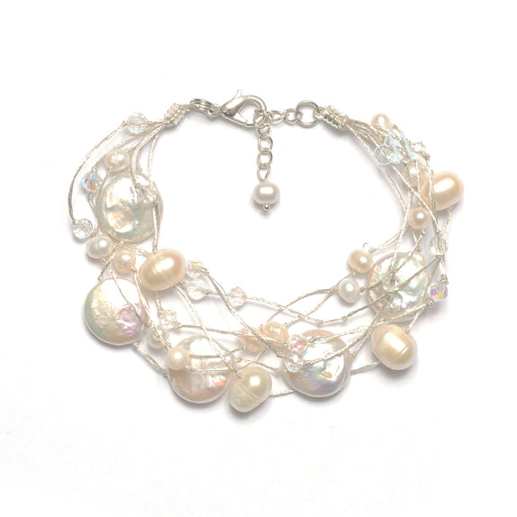 SK15-WH : Crystals & Dyed Fresh Water Pearls on Multi Strand Silk (MTO)