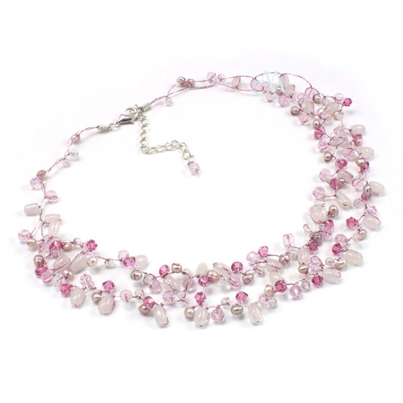 SKN12-PI : Rose Quartz & Glass Beads on Silk Threads Necklace
