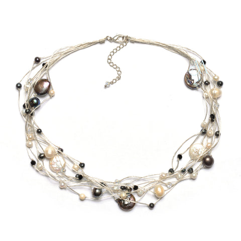 SK15-BW : Crystals & Dyed Fresh Water Pearls on Multi Strand Silk (MTO)