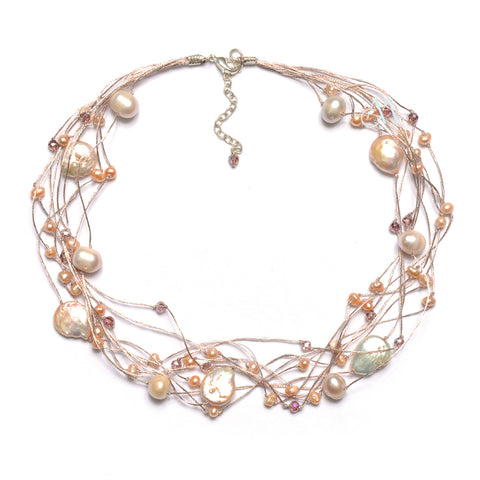 SK15-PI : Crystals & Dyed Fresh Water Pearls on Multi Strand Silk (MTO)