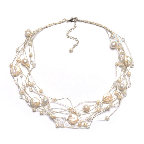 SK15-WH : Crystals & Dyed Fresh Water Pearls on Multi Strand Silk (MTO)
