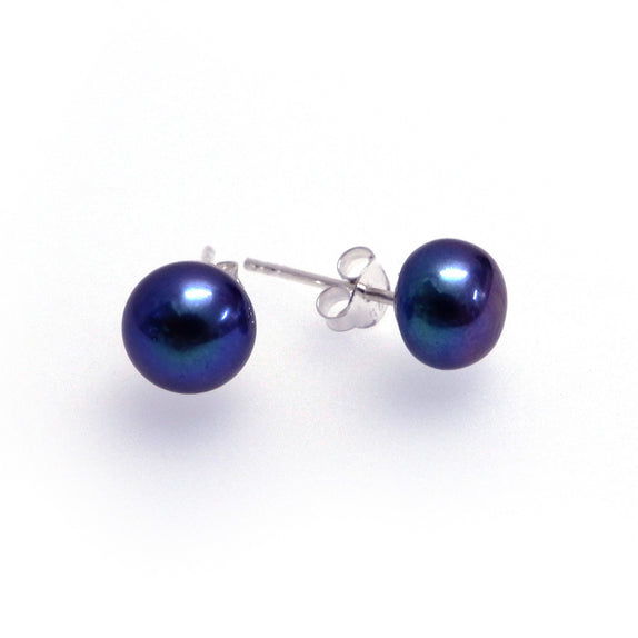PAM09-02E :  Peacock blue freshwater pearl and silver stud  earrings